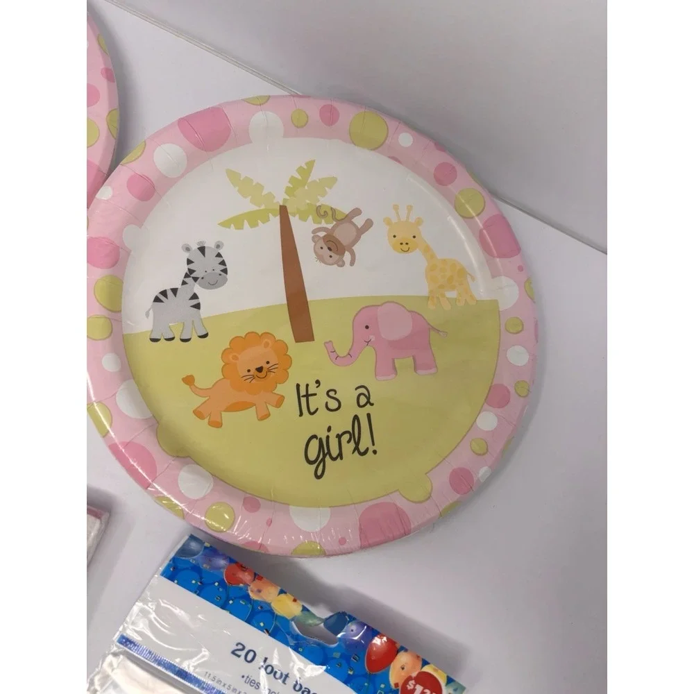 New It's A Girl! Baby Shower Pink Zoo Animal Plates Napkins Party Lot